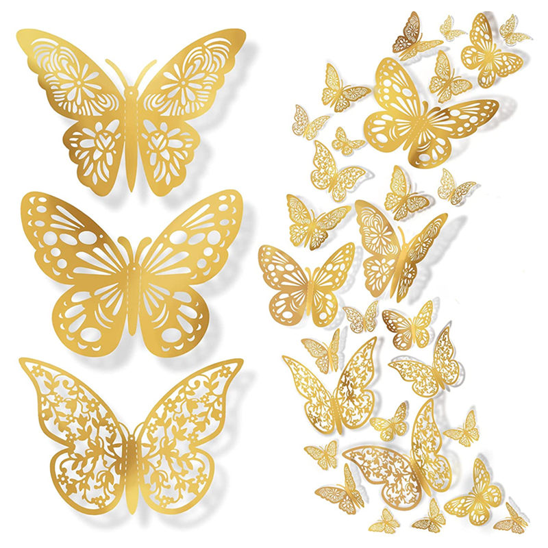 Butterfly Wall Decor Sticker,3D Gold Removable Butterfly Sticker Decor for Birthday Party, Wedding Balloon Garland, Christmas