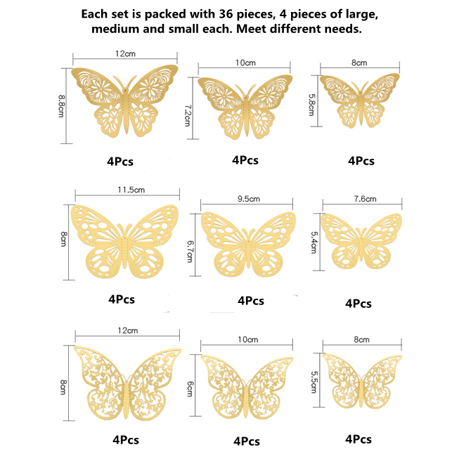 Butterfly Wall Decor Sticker,3D Gold Removable Butterfly Sticker Decor for Birthday Party, Wedding Balloon Garland, Christmas