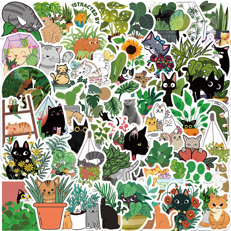 2022NEW 50Pcs cartoon cat and plant stickers can decorate the luggage compartment and notebook waterproof non repeating stickers