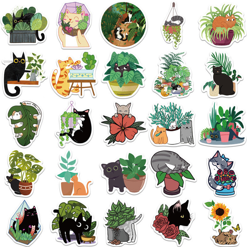 2022NEW 50Pcs cartoon cat and plant stickers can decorate the luggage compartment and notebook waterproof non repeating stickers