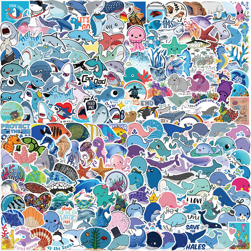 200PCS Cute Mixed Ocean Animal Stickers Kids Adults Waterproof Vinyl Blue sea Shark Stickers for Water Bottles Scrapbooking