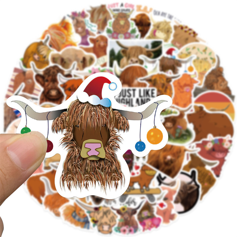 50PCS Cow Stickers, Highland Cattle Vinyl Waterproof Stickers for Water Bottle Laptop Luggage Helmet Skateboard Snowboard Guitar