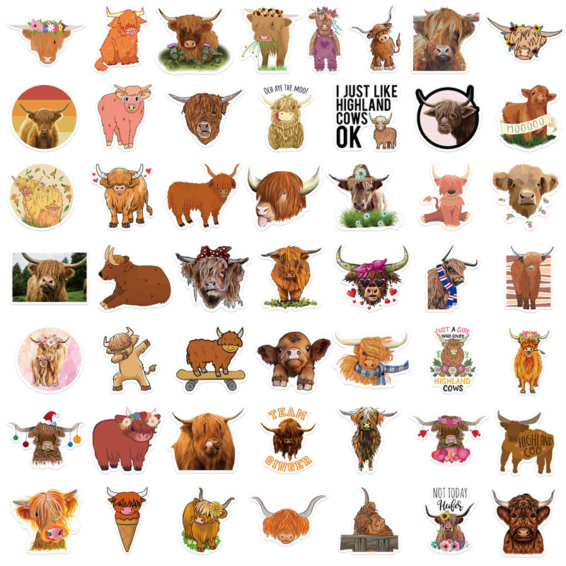 50PCS Cow Stickers, Highland Cattle Vinyl Waterproof Stickers for Water Bottle Laptop Luggage Helmet Skateboard Snowboard Guitar