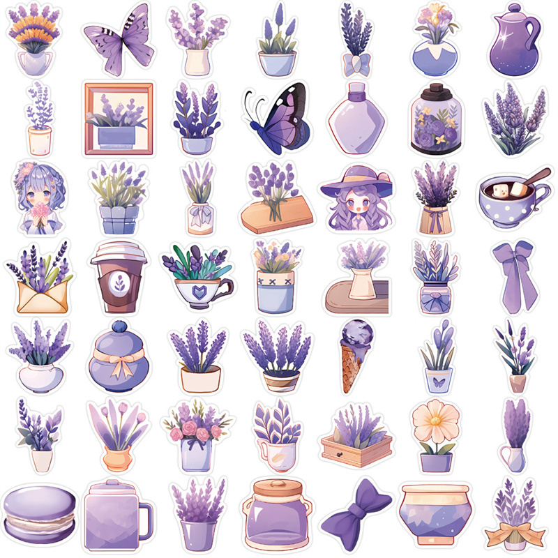 50Pcs Lovely Purple Lavender Stickers Pack for Gifts Laptops Phone Books Cars Motorcycles Skateboards Bicycles Suitcases Skis