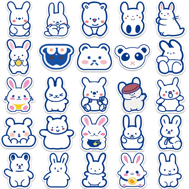 50pcs Cute Cartoon Animals Stickers for Kids Teens, Kawaii Blue-Lined Korean Rabbit Graffiti Decals for Water Bottles Phone