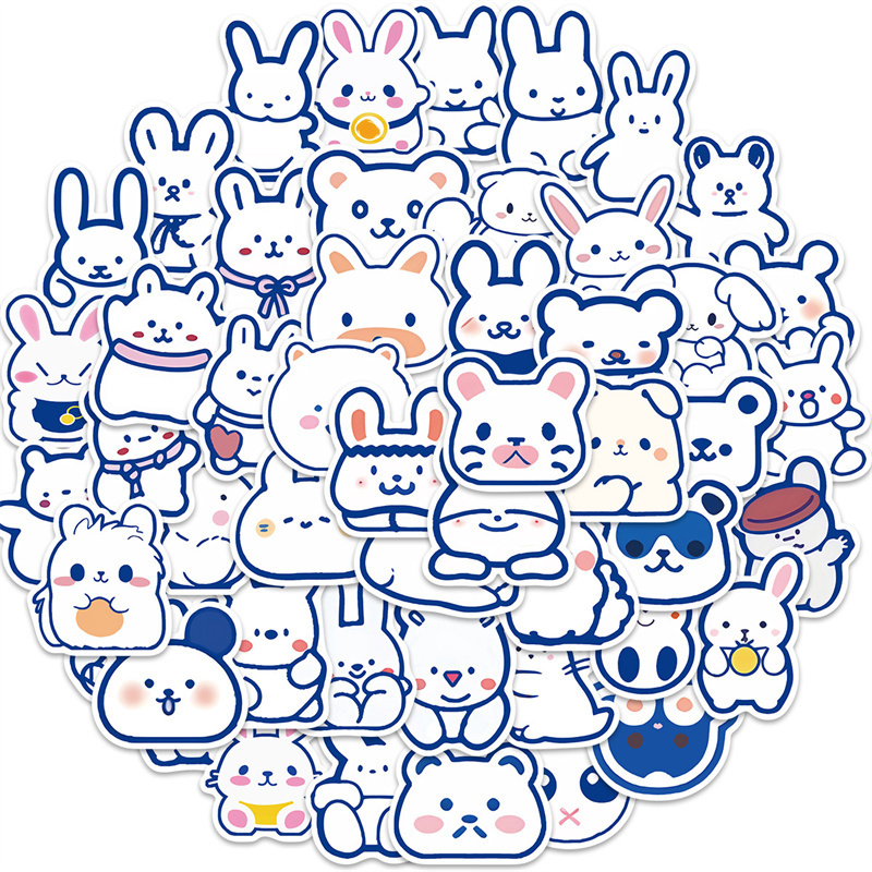 50pcs Cute Cartoon Animals Stickers for Kids Teens, Kawaii Blue-Lined Korean Rabbit Graffiti Decals for Water Bottles Phone