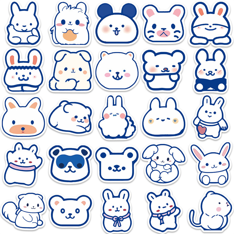 50pcs Cute Cartoon Animals Stickers for Kids Teens, Kawaii Blue-Lined Korean Rabbit Graffiti Decals for Water Bottles Phone