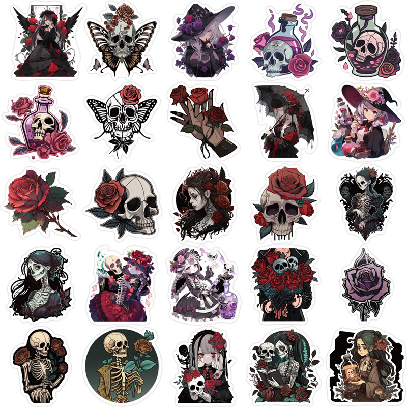 50pcs Horror Anime Girls Stickers for Water Bottles,Gothic Skull Rose Girls Stickers for Teens, Halloween Vinyl Decals