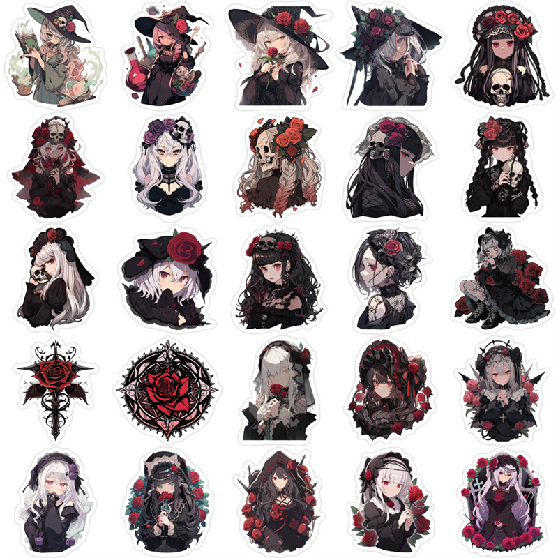 50pcs Horror Anime Girls Stickers for Water Bottles,Gothic Skull Rose Girls Stickers for Teens, Halloween Vinyl Decals