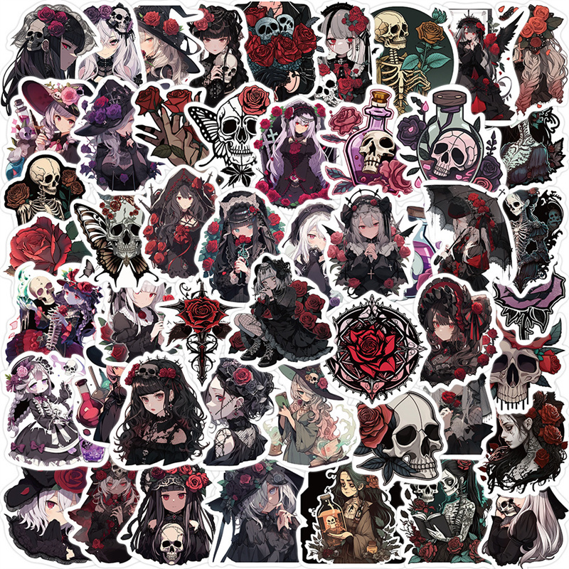 50pcs Horror Anime Girls Stickers for Water Bottles,Gothic Skull Rose Girls Stickers for Teens, Halloween Vinyl Decals