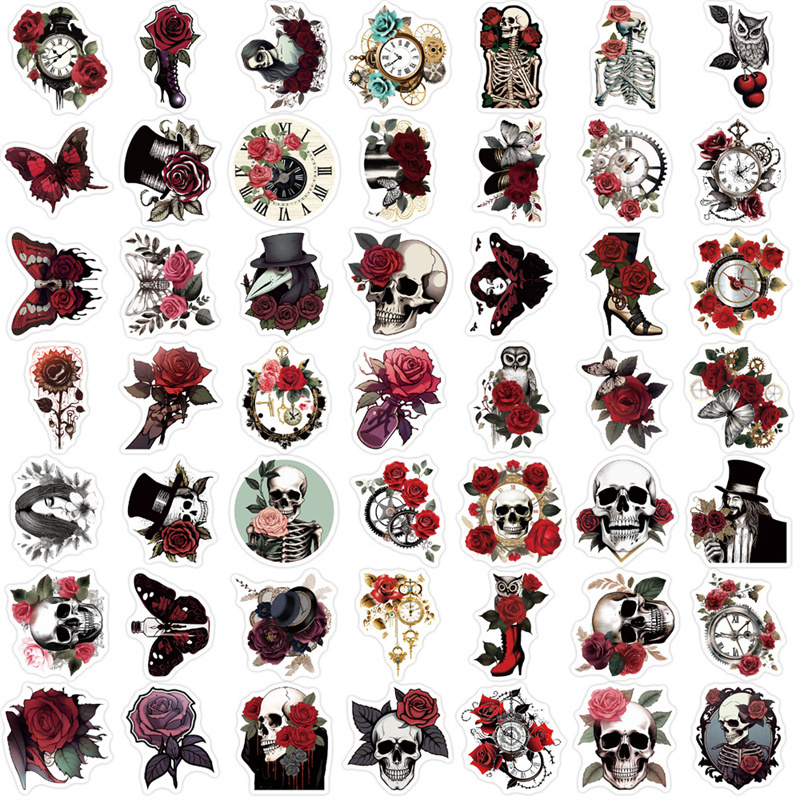 50PCS Steampunk Rose Stickers for Scrapbook, Retro Horror Flowers Waterproof Vinyl Decals for Water Bottles Cars Laptop Phone