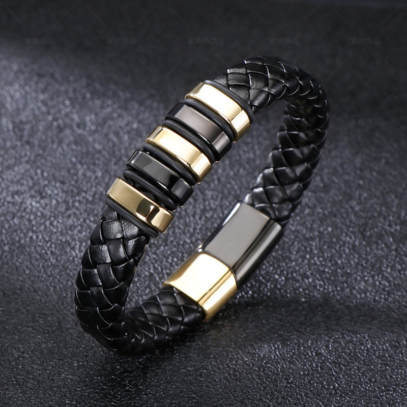 Genuine Leather Bracelet for Men Braided Cuff Wristband Stainless Steel Magnetic Clasp in Black and Gold Jewellery Gift