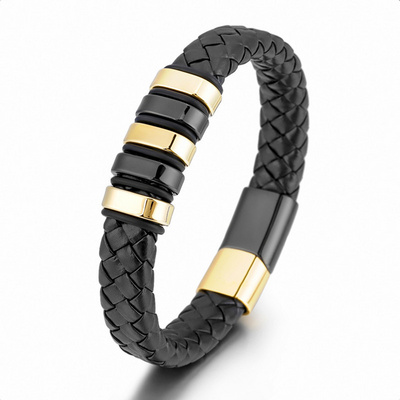 Genuine Leather Bracelet for Men Braided Cuff Wristband Stainless Steel Magnetic Clasp in Black and Gold Jewellery Gift