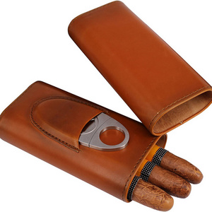 Cigar Travel Case with Cutter for Men,3-Finger Leather Cigar Carrying Case,Wood Lined Cigar Humidor Case