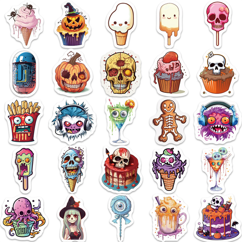 50pcs Halloween Food Stickers for Water Bottles, Pumpkin Skull Stickers for Teens Kids Adults, Funny Horror Vinyl Decals