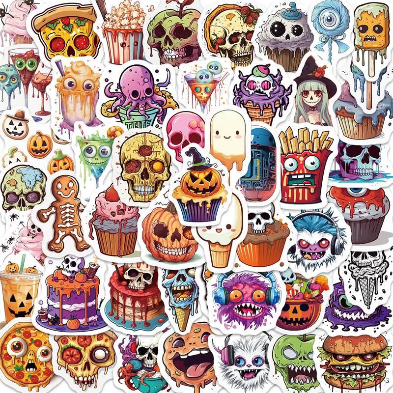 50pcs Halloween Food Stickers for Water Bottles, Pumpkin Skull Stickers for Teens Kids Adults, Funny Horror Vinyl Decals