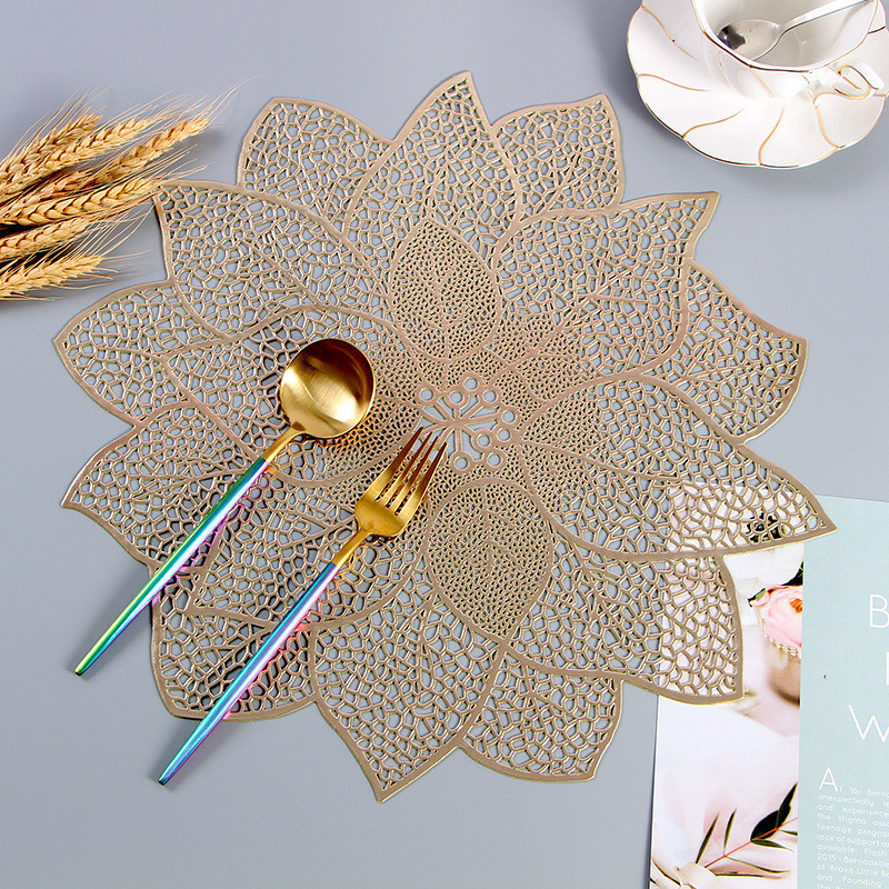 Gold Placemats Metallic Pressed Vinyl Round Floral Leaf Dining Table Mats Washable for Party Wedding Decoration