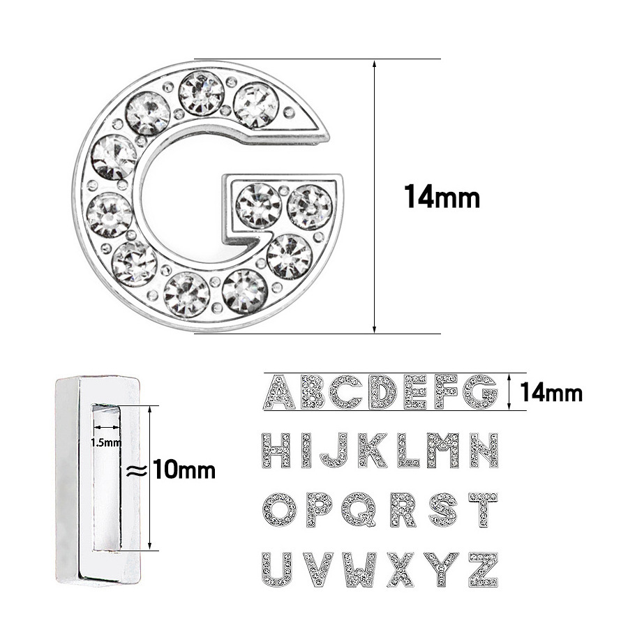 Silver A-Z 10mm Full Rhinestone Slide Charms Crystal Alphabet Letter Charm Alloy Letter Charm for Bracelets Necklace Wristbands