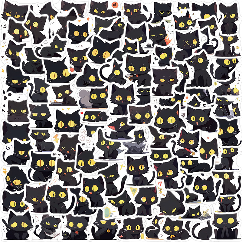 100Pcs Cute Cartoon Cat Stickers Lovely Black Cat Stickers for Kids Journal,Aesthetic Stickers Vinyl Waterproof Decals