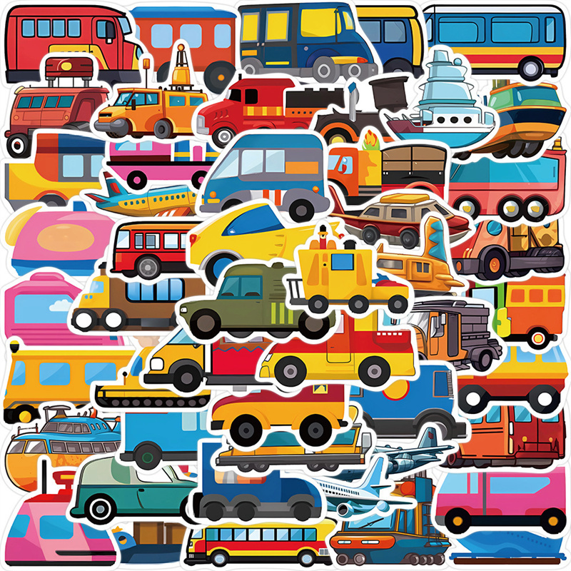 50pcs Cartoon Transportation Stickers for Kids, Cute Car Bus Airplane Truck Ship Stickers for School, Vehicle Stickers Decals