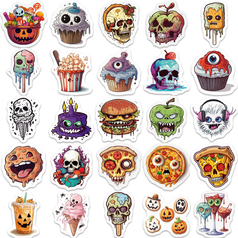 50pcs Halloween Food Stickers for Water Bottles, Pumpkin Skull Stickers for Teens Kids Adults, Funny Horror Vinyl Decals