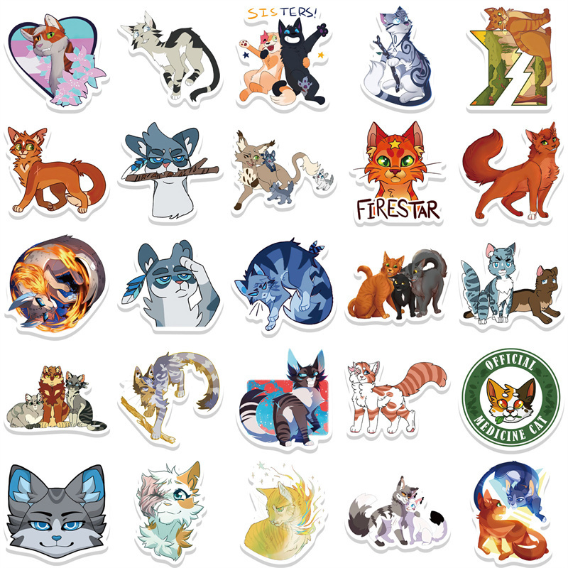 52Pcs Warriors Cats Furry Stickers Book Graffiti Waterproof Vinyl Stickers Decals for Kids Aldults Teens for Birthday Party