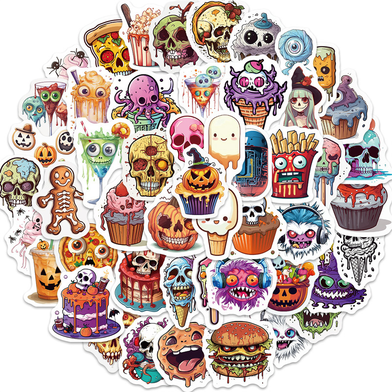 50pcs Halloween Food Stickers for Water Bottles, Pumpkin Skull Stickers for Teens Kids Adults, Funny Horror Vinyl Decals