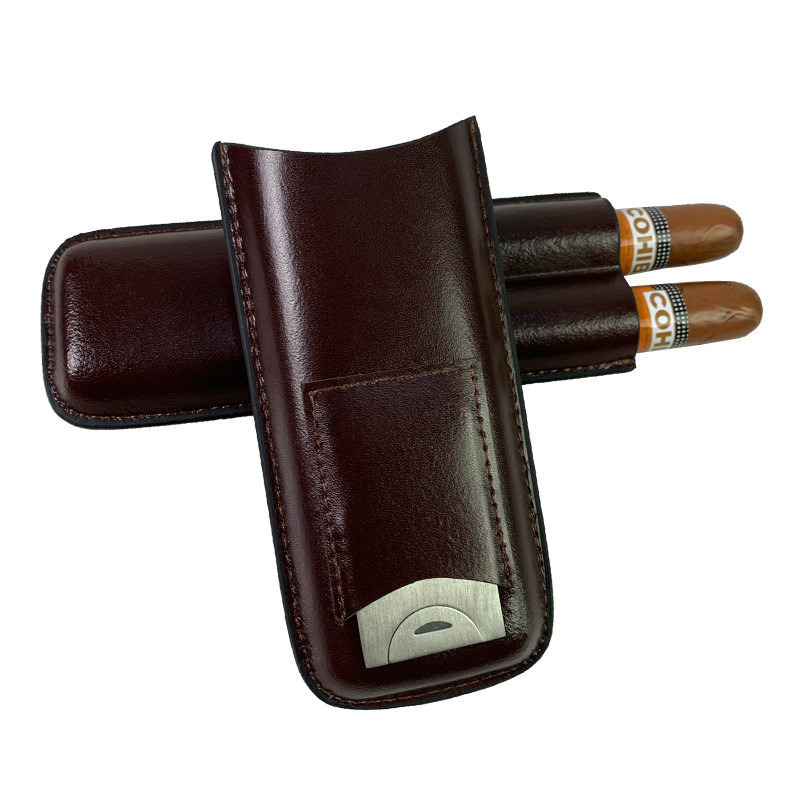 Leather 2 Cigar Case with Stainless Guillotine Cutter