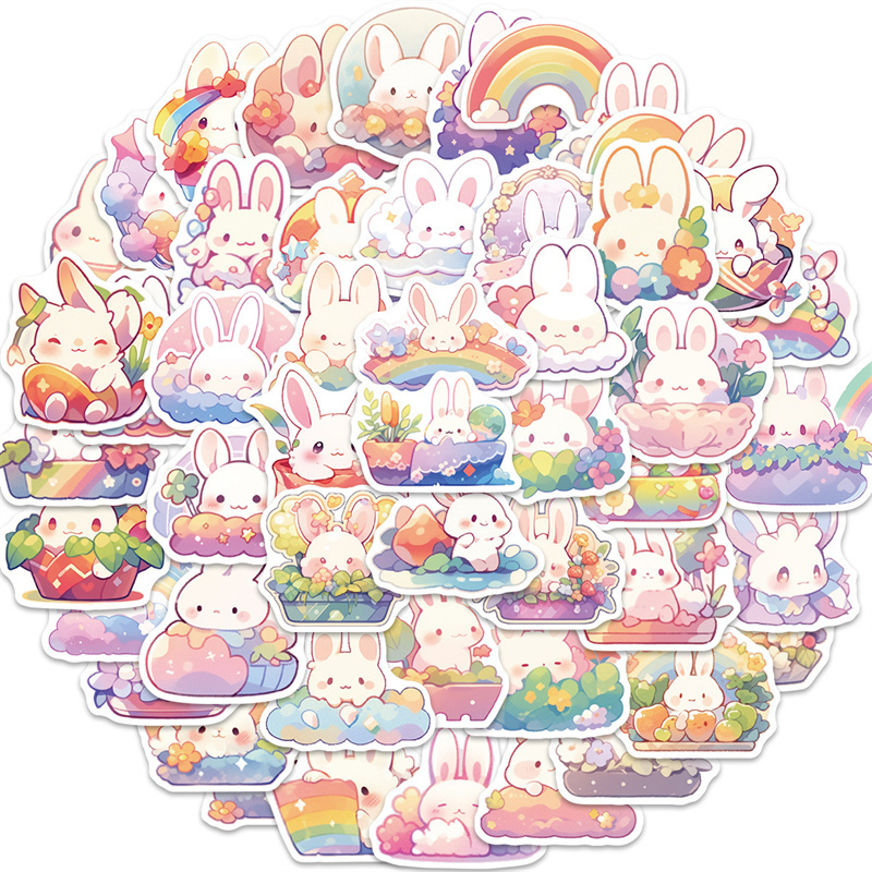 50pcs Cute Rainbow Rabbit Stickers for Water Bottles, Cartoon Bunny Stickers for Kids, Lovely Colorful Waterproof Decals