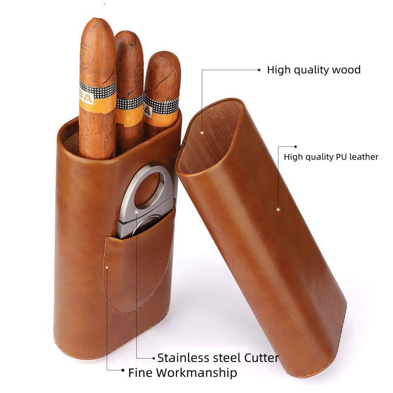 Cigar Travel Case with Cutter for Men,3-Finger Leather Cigar Carrying Case,Wood Lined Cigar Humidor Case