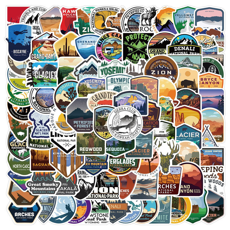 100pcs National Park Sticker,Outdoor Nature Adventure Hiking Camping Wilderness Stickers, Waterproof Vinyl Travel Stickers Decal