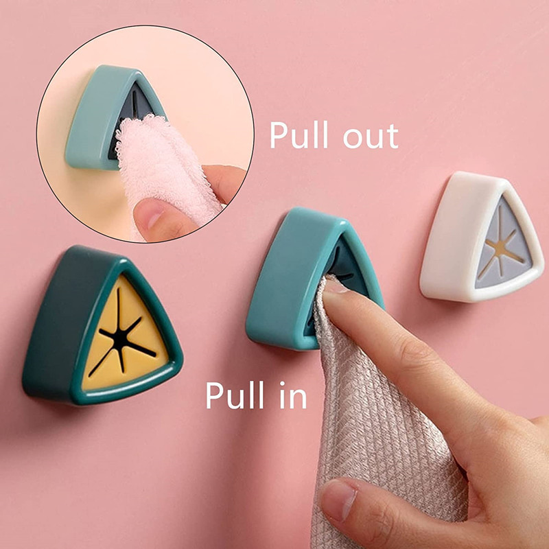 Kitchen Towel Holders Self Adhesive Creative Triangle Towel Stopper Rag Clip Rack Hanger Wall Mount Hand Towel Hook for Cabinet