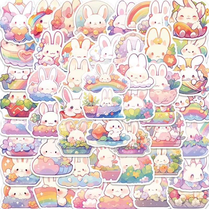 50pcs Cute Rainbow Rabbit Stickers for Water Bottles, Cartoon Bunny Stickers for Kids, Lovely Colorful Waterproof Decals