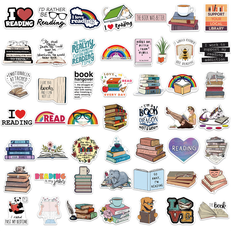 100pcs Reading Stickers Waterproof Motivational Stickers Vintage Books Study Stickers for Computer, Luggage, Guitar, Laptop