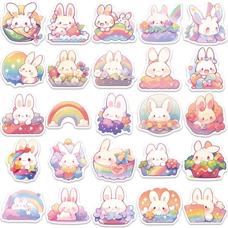 50pcs Cute Rainbow Rabbit Stickers for Water Bottles, Cartoon Bunny Stickers for Kids, Lovely Colorful Waterproof Decals