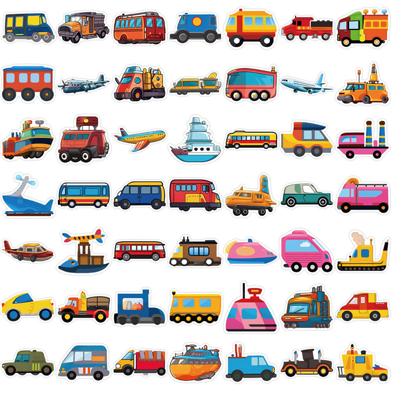 50pcs Cartoon Transportation Stickers for Kids, Cute Car Bus Airplane Truck Ship Stickers for School, Vehicle Stickers Decals