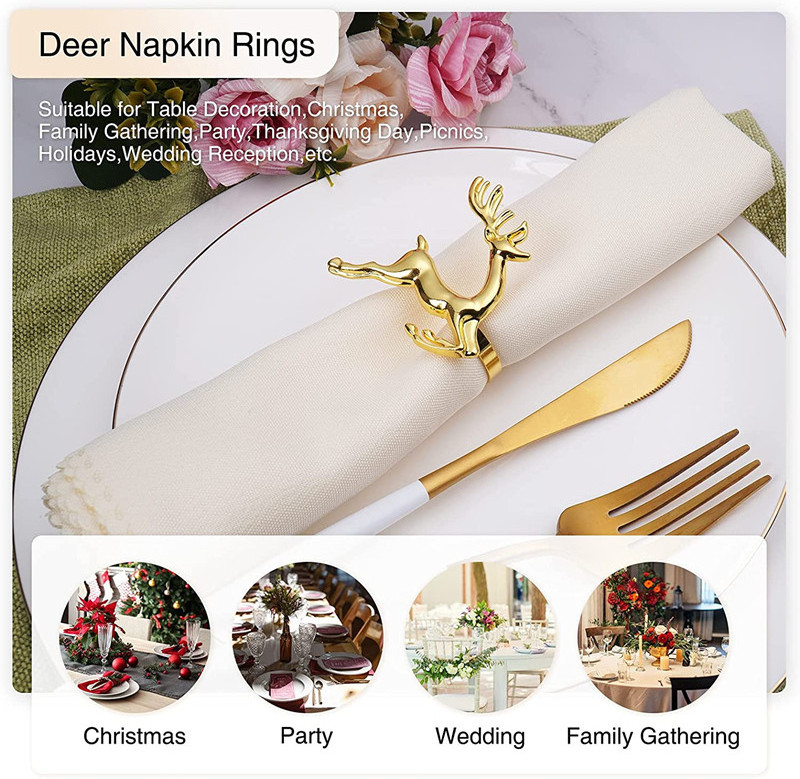 Wholesale Christmas Napkin Rings Holder, Gold Deer Napkin Rings for Party Wedding Gathering Dinning Table Setting Decoration