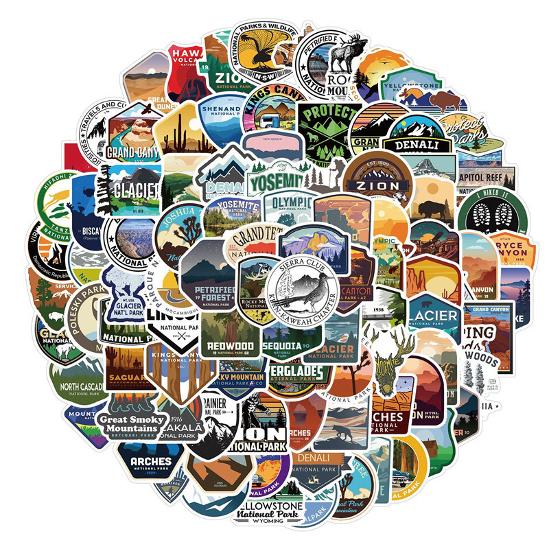 100pcs National Park Sticker,Outdoor Nature Adventure Hiking Camping Wilderness Stickers, Waterproof Vinyl Travel Stickers Decal