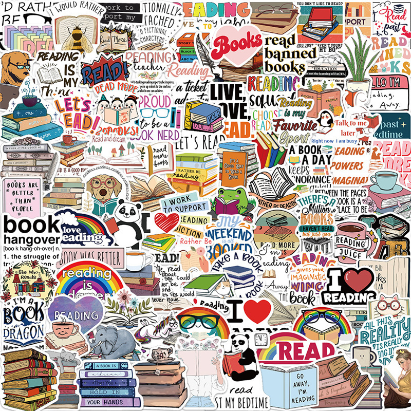 100pcs Reading Stickers Waterproof Motivational Stickers Vintage Books Study Stickers for Computer, Luggage, Guitar, Laptop