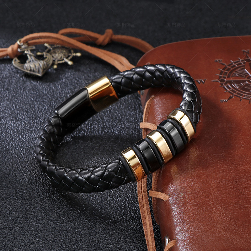 Genuine Leather Bracelet for Men Braided Cuff Wristband Stainless Steel Magnetic Clasp in Black and Gold Jewellery Gift