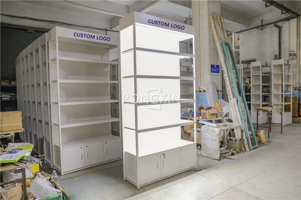 Custom Boutique Metal Display Shelf Commercial Wall Floor Stand Wholesale White Metal Wall Shelving with Lighting