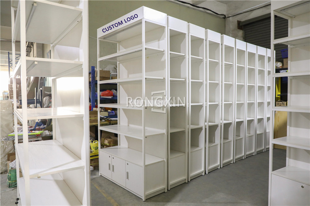 Custom Boutique Metal Display Shelf Commercial Wall Floor Stand Wholesale White Metal Wall Shelving with Lighting