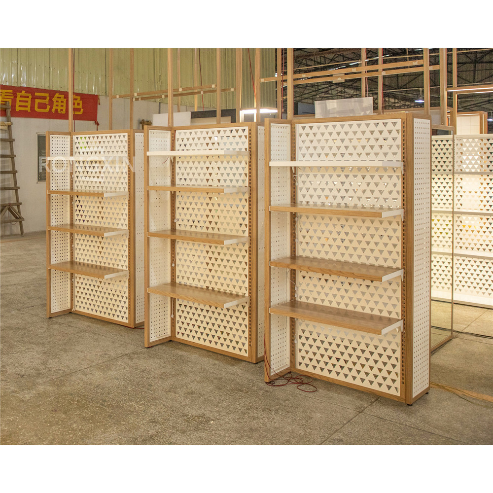 White Perforated Metal Backboard Wood Display Shelf 2 Sided Floor Stand Shoes Gondola with Adjustable Wood Shelf