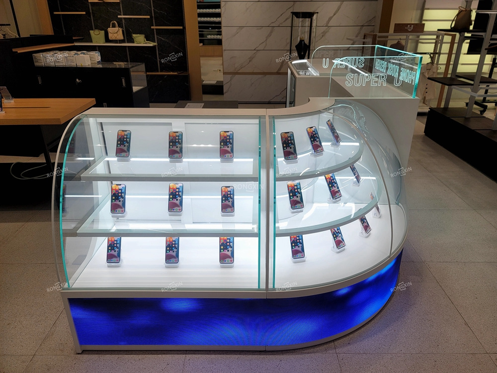 Custom Luxury Cell Phone Display Showcase Shop Fittings Counter Mobile Phone Case Display Cabinet With LED Display Screen