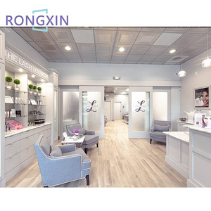 Beauty Salon Interior Design Lashes Extension Room Display Cabinet Gold Furniture Eyelash Studio Counter Reception Desk