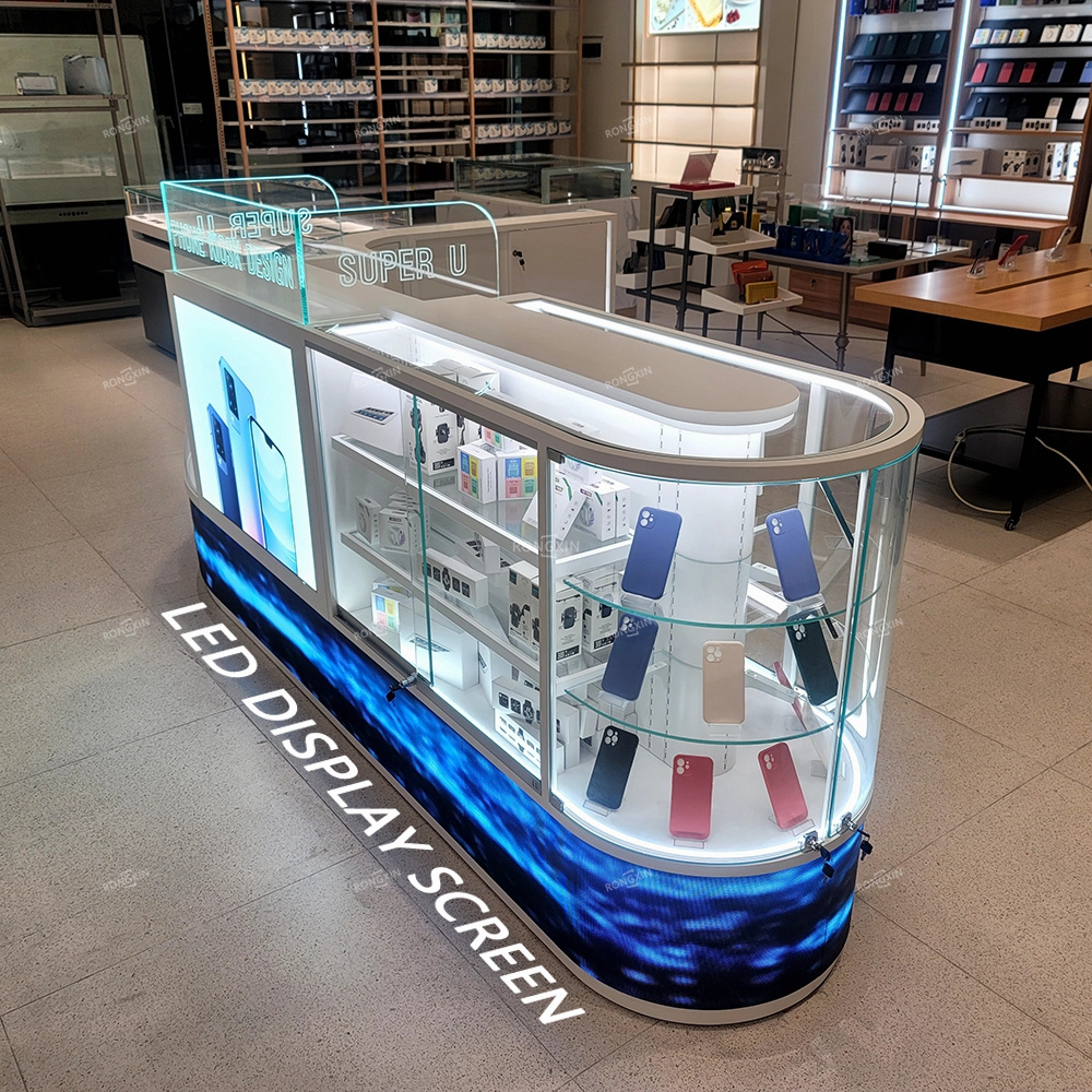 Custom Luxury Cell Phone Display Showcase Shop Fittings Counter Mobile Phone Case Display Cabinet With LED Display Screen