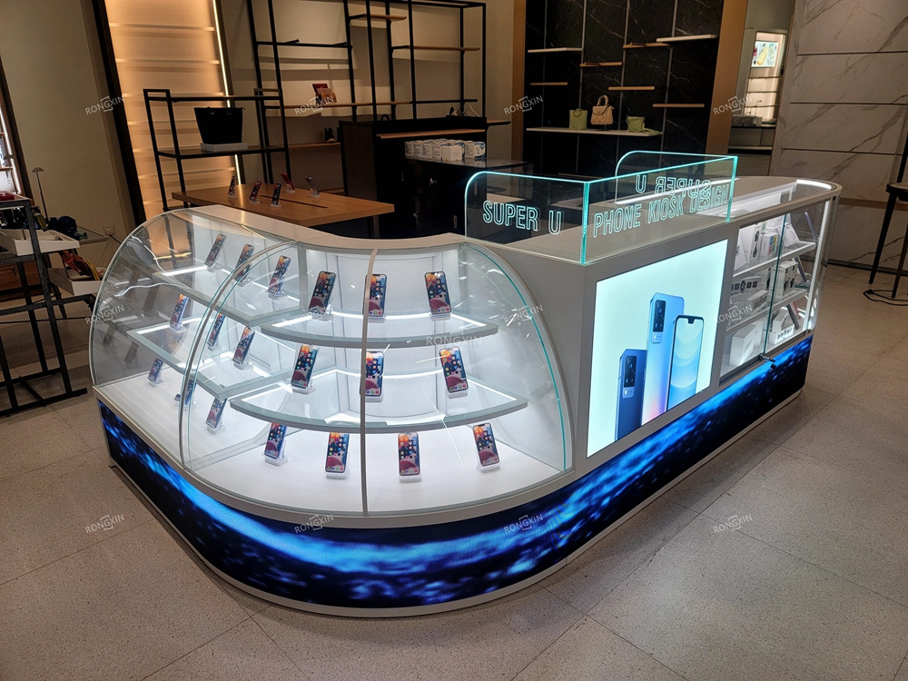 Custom Luxury Cell Phone Display Showcase Shop Fittings Counter Mobile Phone Case Display Cabinet With LED Display Screen