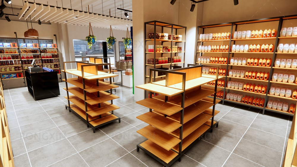 Customized Supermarket Gondola Supply Store Design Wood Supermarket Display Shelf Household Store Interior Design