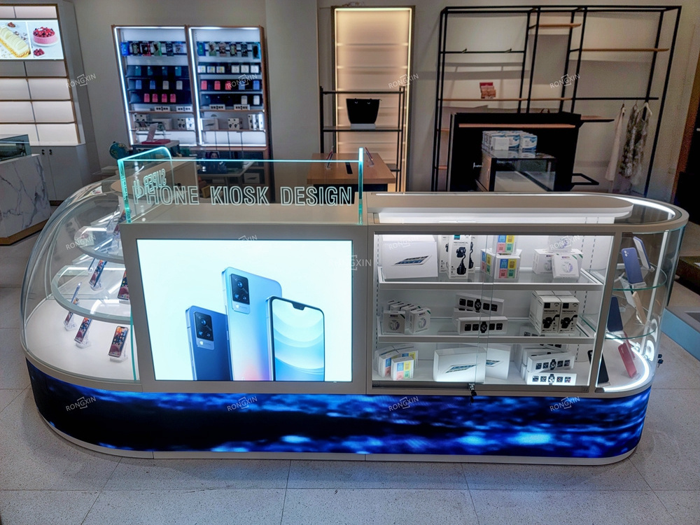 Custom Luxury Cell Phone Display Showcase Shop Fittings Counter Mobile Phone Case Display Cabinet With LED Display Screen