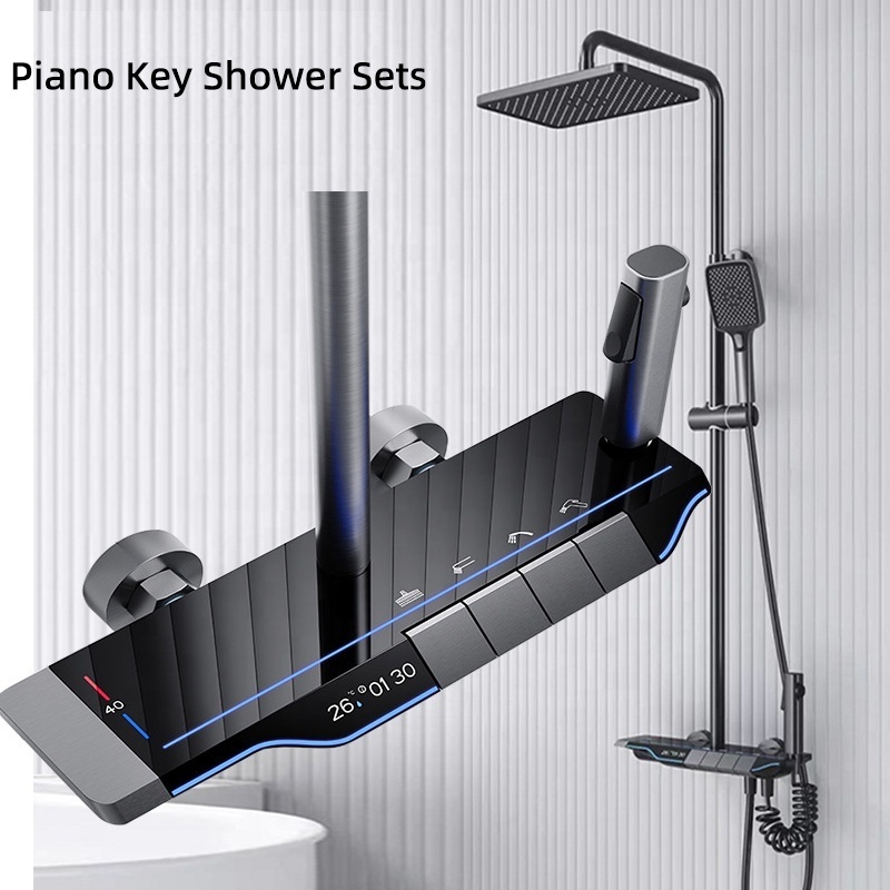 2023 New Atmosphere Lamp Shower System Piano Key Bathtub Waterfall Faucet Sets Bathroom Temperature Brass Rain Shower Set